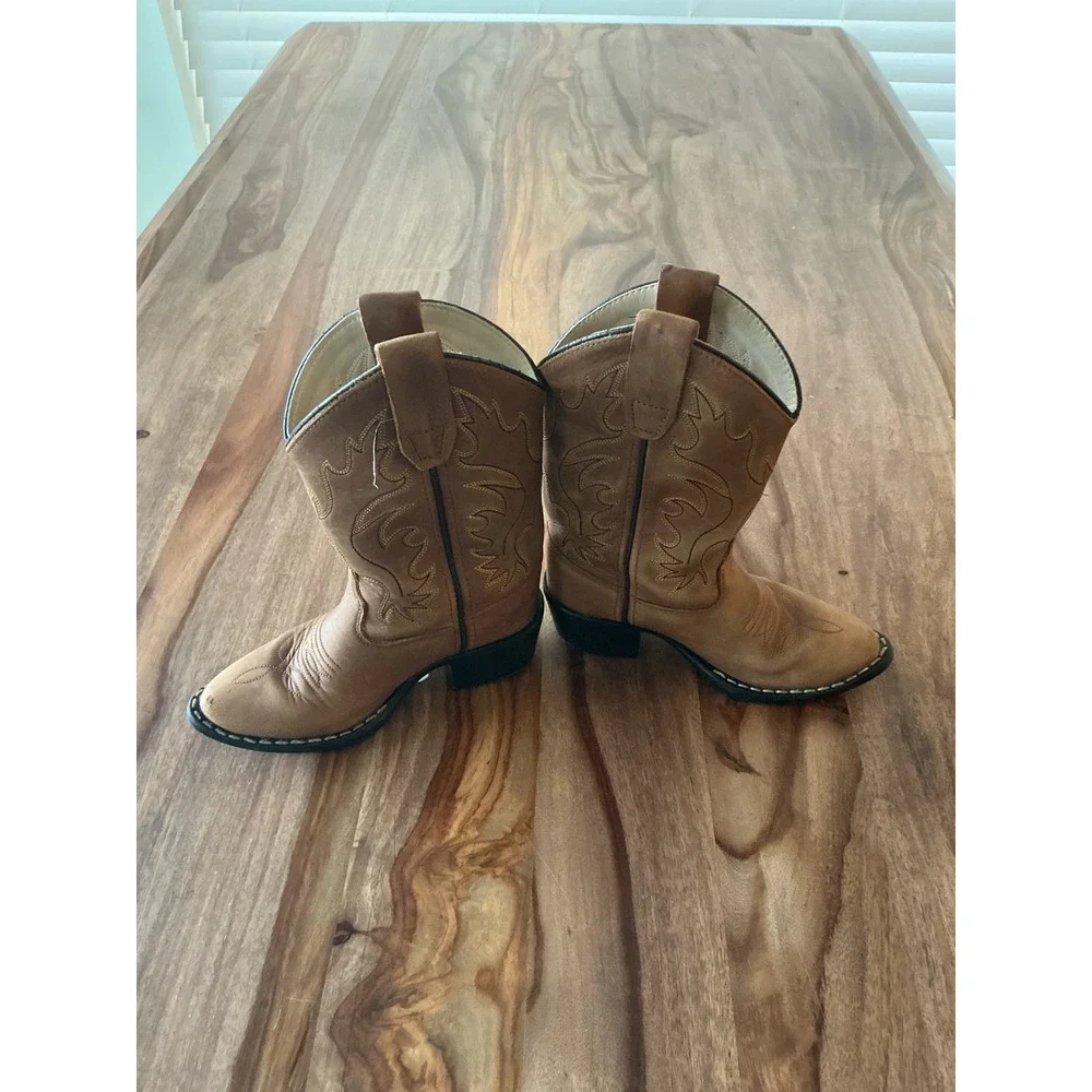 Old West Kids Leather Cowboy Boots Tan Brown Western Stitch 8129 Size 10D